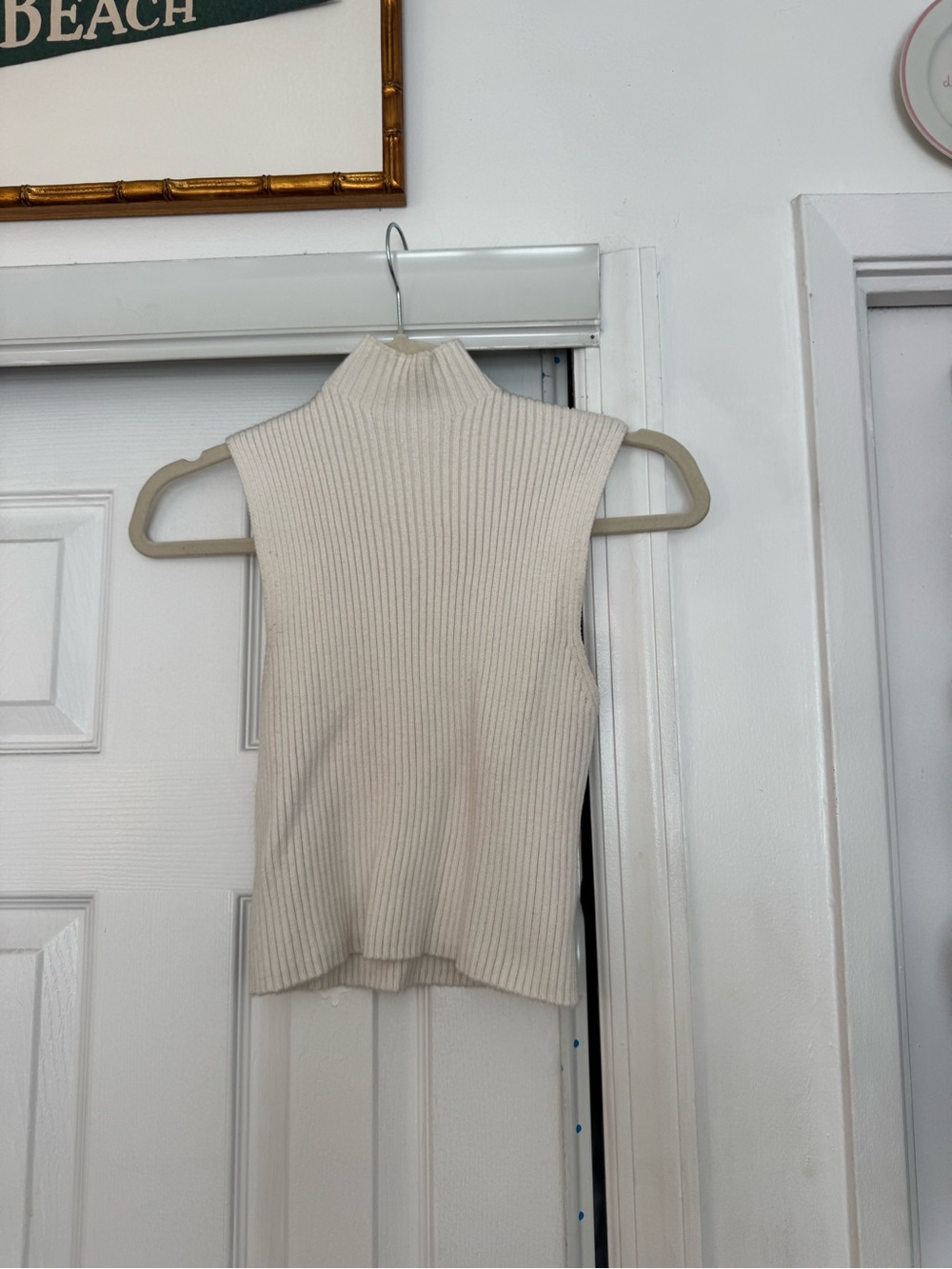 Zara Cream Ribbed Sleeveless Mock Neck Tank